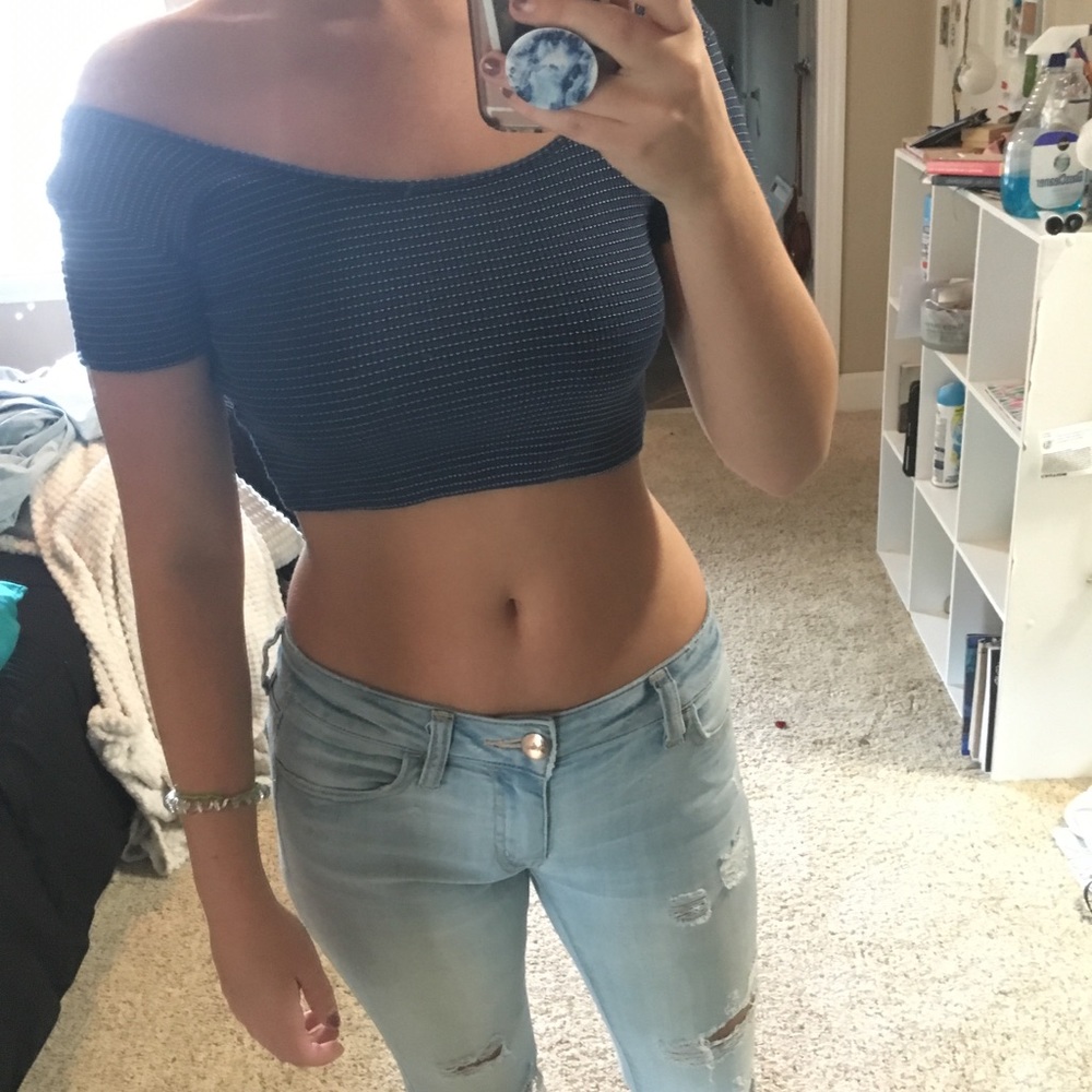 Blue off the shoulder scope neck crop top